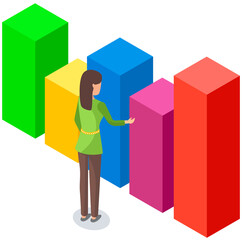 Analytic worker looking at dynamics of bar chart change. Employee analyzes statistical indicators. Female character works with financial research, data analysis. Business analytics vector illustration