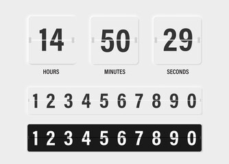Clock countdown display. Set numbers flip watch. Black and white date counter flip display isolated on white background.