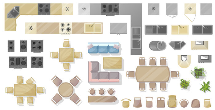 Furniture. for kitchen and dining room top view. Element set for House, apartment, office. Interior icon, equipment, tables, chairs, sink top view. Furniture symbol Kit for interior design. Vector