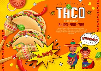 Realistic Detailed 3d Taco Mexican Food Ads Banner Concept Poster Card with Characters National Costume. Vector illustration of Tacos