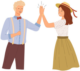 Two people giving high five, standing with hands together. Man and woman in casual clothes greeting each other. Characters give five and rejoice. Happy couple during greeting vector illustration