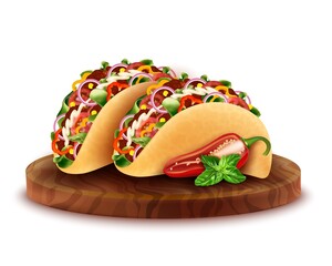 Realistic Detailed 3d Taco Mexican Food with Pepper on a Round Wooden Board Isolated on a White Background. Vector illustration