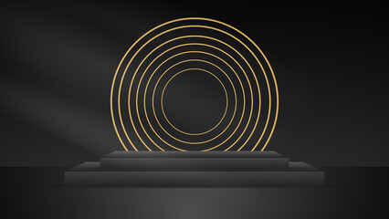 Obraz premium Black and Gold Podium minimal abstract background , 3D stage podium display product , stand to show cosmetic products ,illustration 3d Vector EPS 10