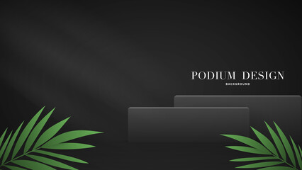 Black Podium with palm leaf minimal abstract background , 3D stage podium display product , stand to show cosmetic products ,illustration 3d Vector EPS 10