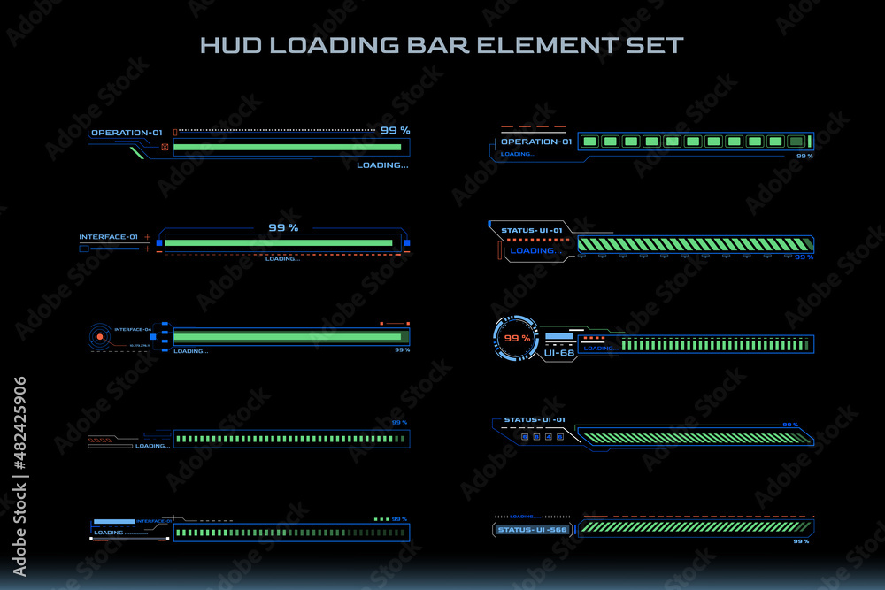 Aufkleber HUD Futuristic Element Loading Bars Set Vector Background. Abstract Big Pack User Interface Progress Monitor Illustration.