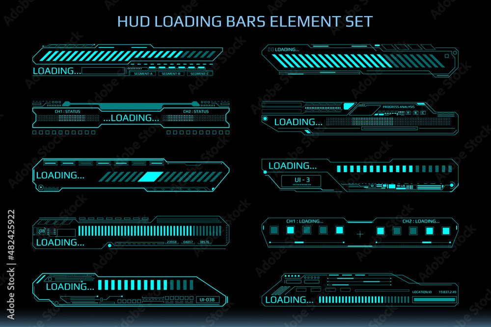 Leinwandbilder HUD Futuristic Element Loading Data Transfer Bars Set Gadget Vector. Abstract Progress Monitoring System UI Illustration.