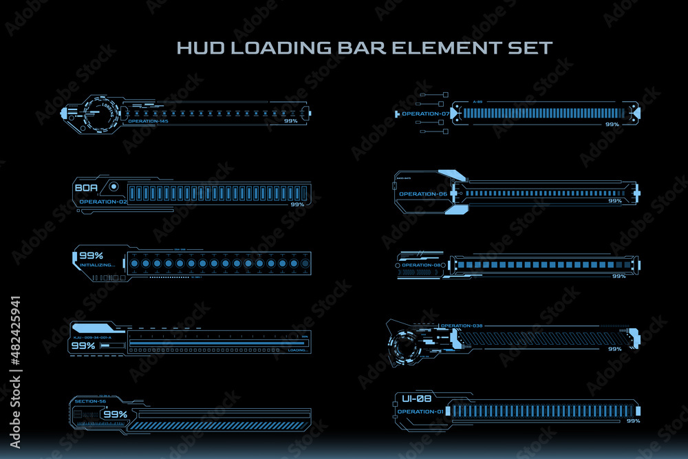 Aufkleber HUD Futuristic Loading Bars UI Processing Status Set. Digital Scifi Technology Number Percentage Progress Display Vector