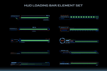 HUD Futuristic Element Loading Bars Set Vector Background. Abstract Big Pack User Interface Progress Monitor Illustration.