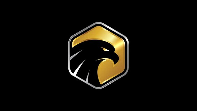 Negative space eagle head in a golden polygon shape on black background. Eagle head logo animation