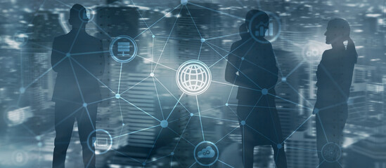 Communications project. Graphics on the background of office workers