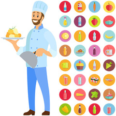Man holds plate with ready-made meal. Restaurant service, breakfast or dinner dish vector illustration. Kitchener serving dish from chef, food at cafe. Male character with hot meat on plate