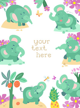 Background for text with cute African animals. Elephants and plants flowers in cartoon style. Color vector illustration.