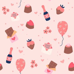 Valentine's day pattern with cute baloons, strawberry, love letters. Hand drawn vector illustration
