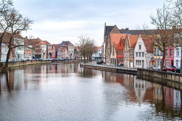 Fototapeta na wymiar A view of the canal-based historic city of Bruges, Sometimes called the Venice of the North, In the Flemish region of Belgium.