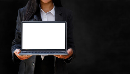laptop blank screen, Close up of woman showing laptop computer screen isolated on a black background, computer monitor touch screen,