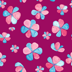 Pink and blue flowers watercolor painting- hand drawn seamless pattern on dark purple background