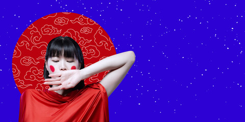 Art collage with tender, sad young japanese girl isolated on blue and red background. Japanese style, contemporary artwork,