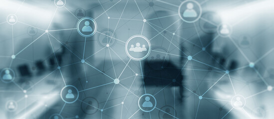 Social media. People relation and organization structure. Business and communication technology concept. Background with silhouettes