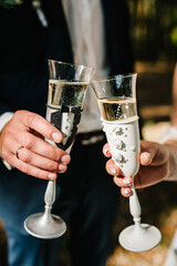 The bride and groom holds a glass of champagne and stand on nature at the wedding ceremony. Close up. Toast.