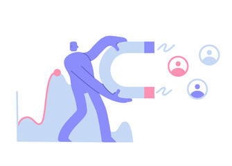 Flat modern character attracting Clients with Huge Magnet Attracting New Leads. Lead generation concept. Business Concept illustration with man taking part in business activities