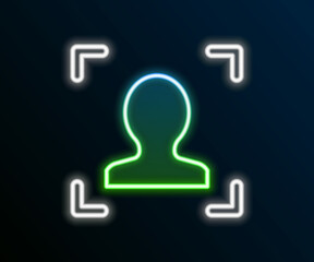 Glowing neon line Face recognition icon isolated on black background. Face identification scanner icon. Facial id. Cyber security concept. Colorful outline concept. Vector