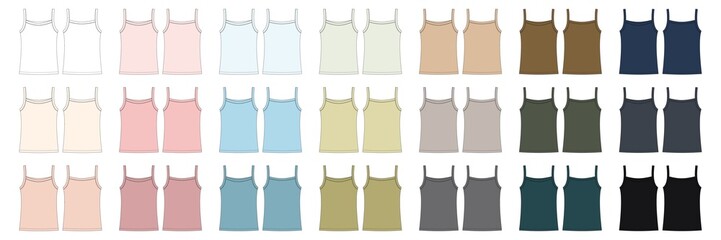 Set of sleeveless tank top technical sketch. Children girl outline t shirt underwear collection.