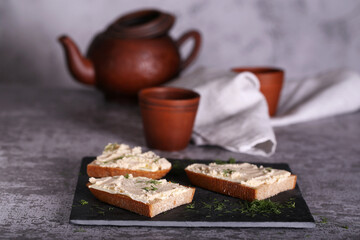 sandwiches with cod caviar are on the table