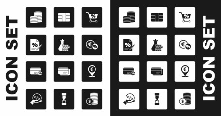 Set Shopping cart, Money bag and coin, Finance document, Coin money, with percent, Credit card chip, Cash location and Discount icon. Vector