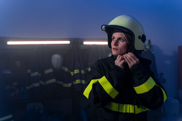 Mid adult female firefighter putting on helmet indoors in fire station at night.