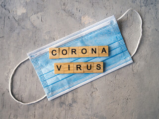 The word CORONAVIRUS lined with wooden letters on a background of blue surgical masks.