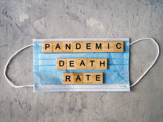 Words PANDEMIC DEATH RATE lined with wooden letters on a background of blue surgical mask.