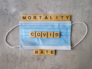 Words COVID MORTALITY RATE lined with wooden letters on a blue surgical mask.