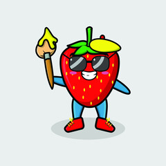 Cute cartoon character Strawberry painter with hat and a brush to draw in cute design style design for t-shirt, sticker, logo element for t-shirt, sticker, logo element