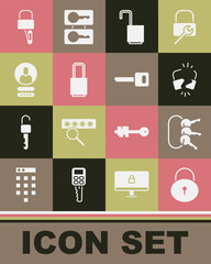 Set Lock, Bunch of keys, Broken or cracked lock, Open padlock, Create account screen, picks for picking and Key icon. Vector