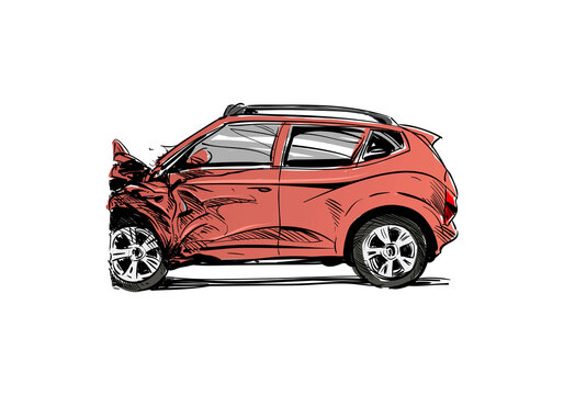 Car crash hand drawn illustration. Auto accident sketch, vector design