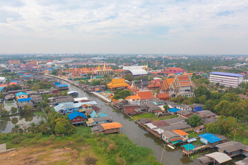 Aerial top view of a temple, Nonthaburi, Thailand. Travel trip on holiday and vacation. Thai tourist attraction architecture.