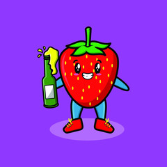 Cute cartoon character Strawberry with soda bottle in modern cute style design for t-shirt, sticker, logo element for t-shirt, sticker, logo element