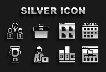 Set Businessman, Calendar, Browser files, Award over winner podium, cup, People with lamp bulb and Briefcase icon. Vector