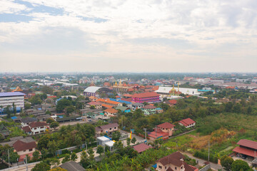 Fototapeta premium Aerial top view of a temple, Nonthaburi, Thailand. Travel trip on holiday and vacation. Thai tourist attraction architecture.