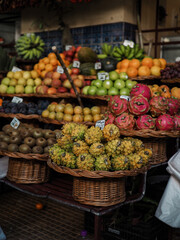 Farmers' markets full of colorful tropical fruits, vegetables and spices in Funchal on the island of Madeira, Mercado dos Lavradores