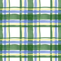 Seamless abstract stripes and cells pattern. Watercolor background with green, blue, yellow transparent stripe for textile, wallpaper, wrapping paper