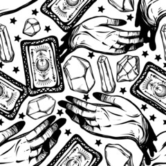 Vector illustration, magic crystals, tarot cards in hand, spirituality and occultism, print, light  background, seamless pattern, Handmade