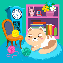 Kitten and balls of thread in room. Characters in cartoon style with background. Vector full color illustration.