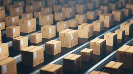 Delivery, cargo, transportation concept. Cardboard boxes on a conveyor line. 3d rendering