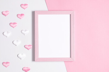 Valentine's Day. Photo frame, pink white hearts on pastel pink background. Love concept. Saint...