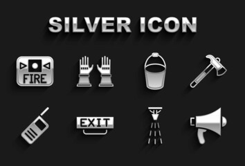 Set Fire exit, Firefighter axe, Megaphone, sprinkler, Walkie talkie, bucket, alarm system and gloves icon. Vector