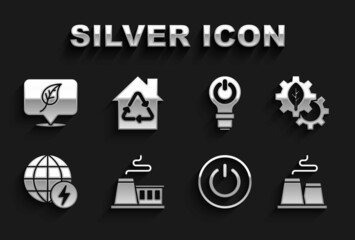 Set Factory, Leaf plant in gear machine, Power button, Global energy power planet, Light bulb with lightning, Location leaf and Eco House recycling icon. Vector