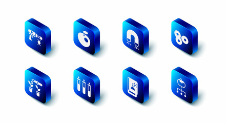Set Genetically modified apple, Magnet, Cell division, food, engineering book, Reagent bottle, Pipette and plant and Transfer liquid gun icon. Vector