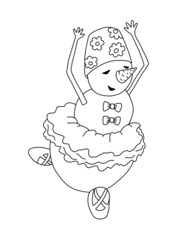 Snowman ballerina dancing in ballet tutu and pointe shoes. Outline on a white background cartoon hand drawn illustration
