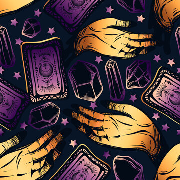 Vector illustration, magic crystals, tarot cards in hand, spirituality and occultism, print, dark background, seamless pattern, Handmade
